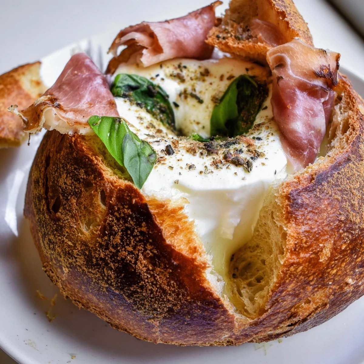 Golden-brown buttery grilled cheese sandwich featuring crispy prosciutto and melty burrata on sourdough bread.  