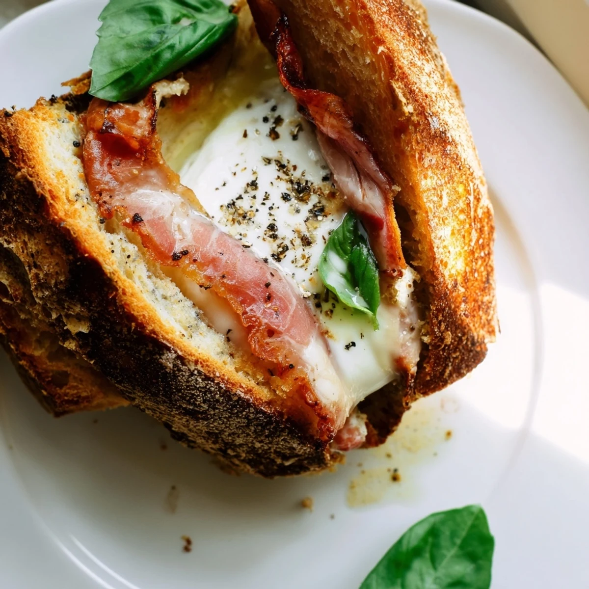 Rich Crispy Prosciutto & Burrata Grilled Cheese served hot, showcasing melted burrata and crisp prosciutto inside.