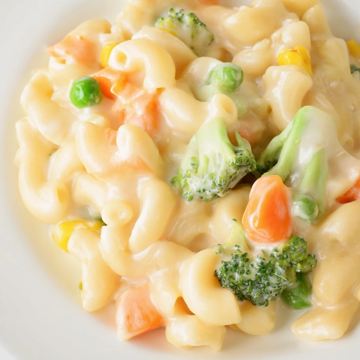 A close-up of baked Garden Veg Mac and Cheese shows golden panko crumbs topping melted cheddar and mozzarella, with peas peeking through.