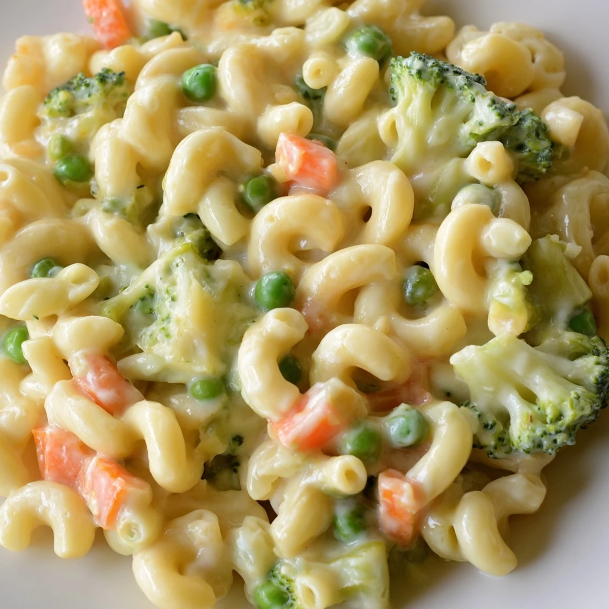Family-style serving of Garden Veg Mac and Cheese with a side salad, highlighting colorful diced vegetables and a rich, velvety sauce.