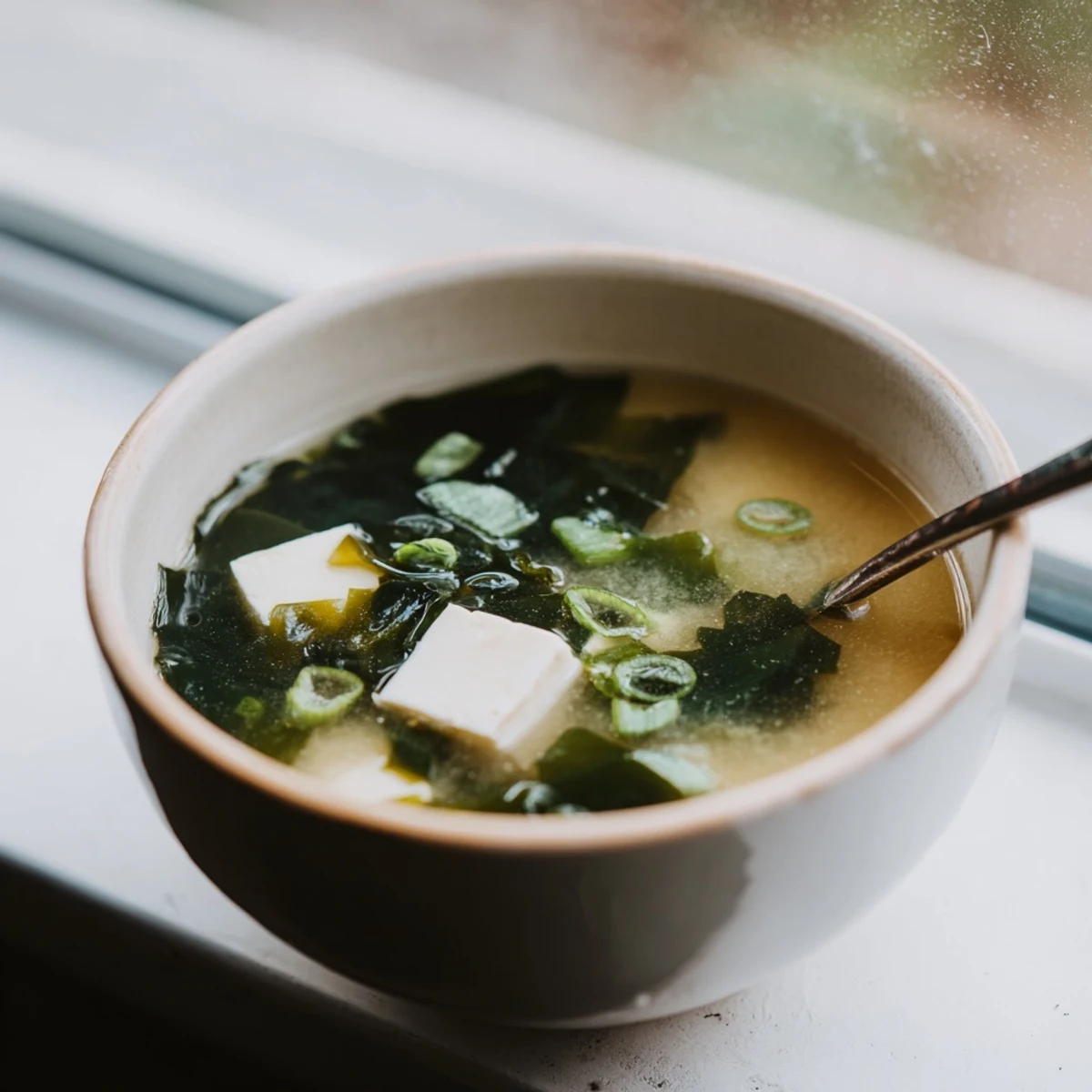 Steaming bowl of Japanese wakame soup with silken tofu, wakame seaweed, and scallions in dashi broth.  