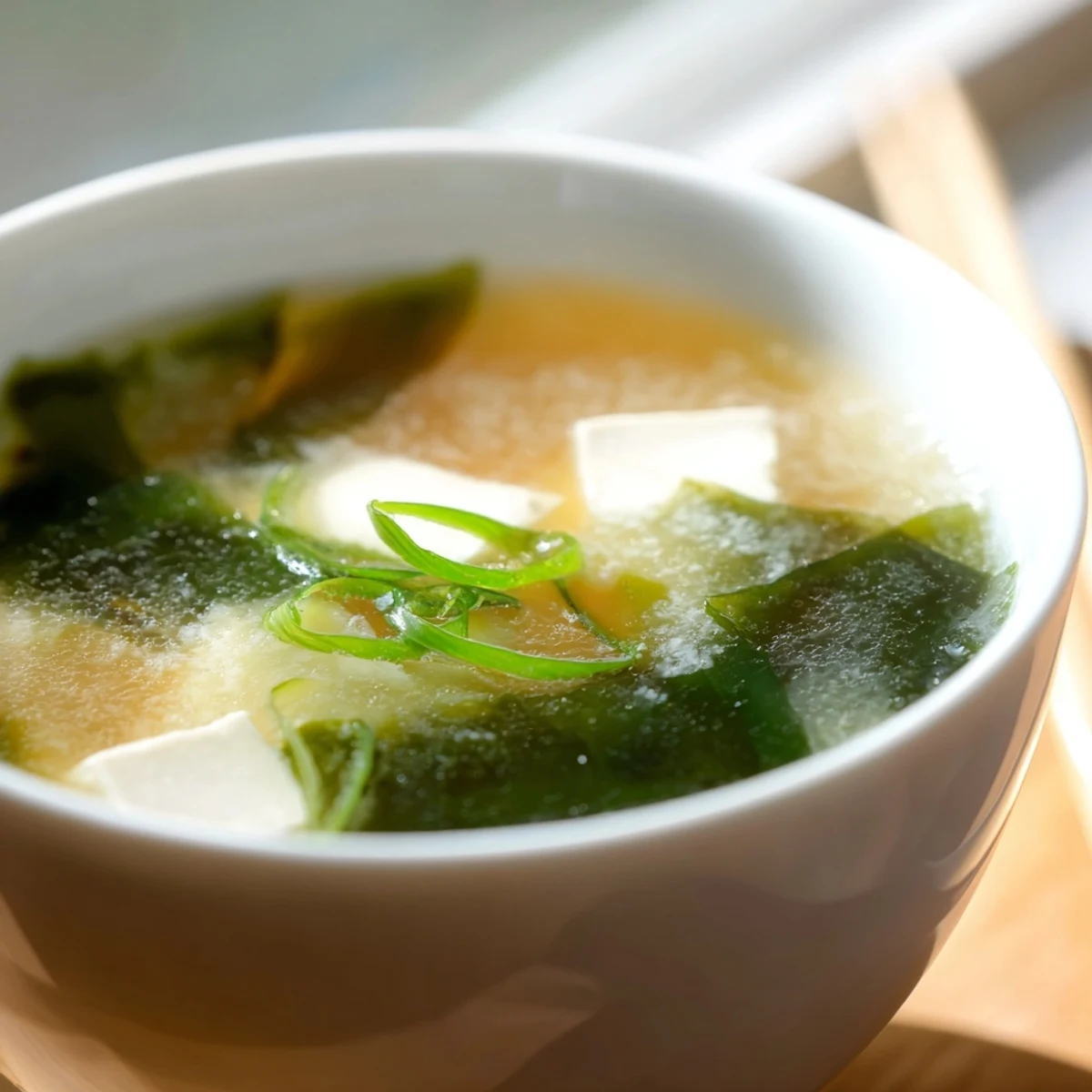 Close-up photo of wakame soup, a Japanese seaweed soup with savory dashi broth and delicate tofu cubes.