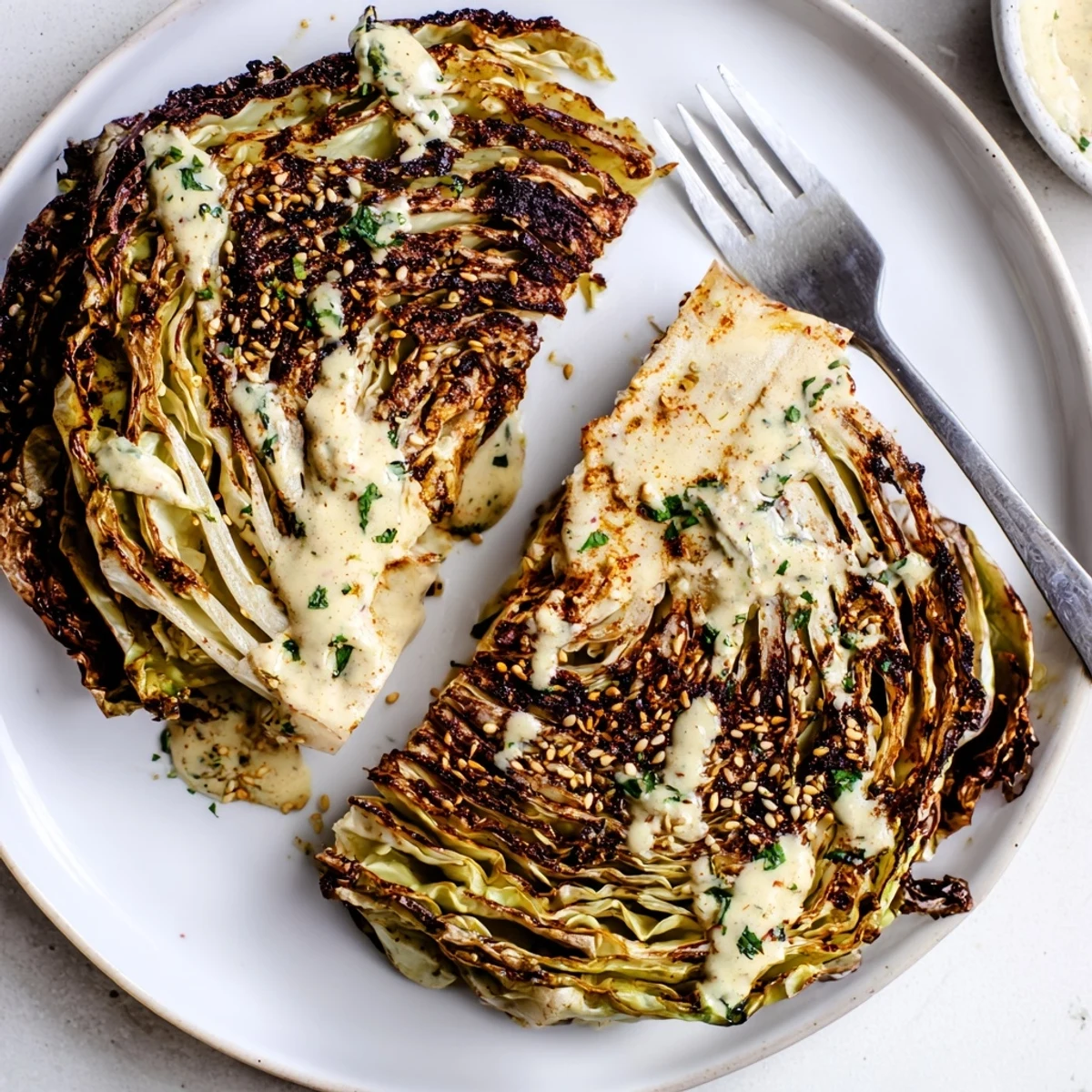 Roasted Cabbage Steaks With Tahini on a platter with lemon wedges and sesame seeds, served warm for dinner.