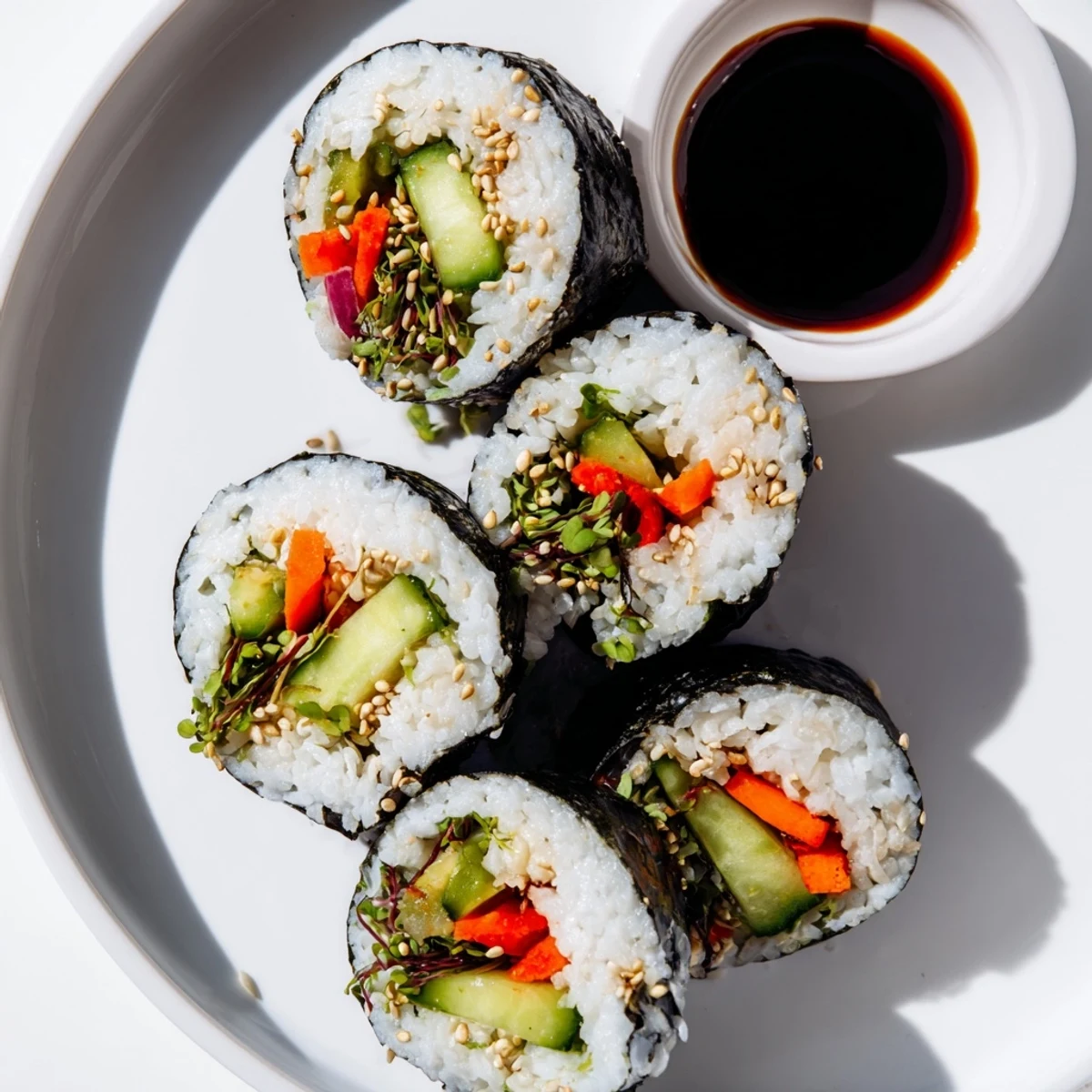 Fresh, vibrant Nori Rolls with Vegetables featuring crisp cucumber, creamy avocado, and crunchy sprouts, sliced and ready to dip in soy sauce.