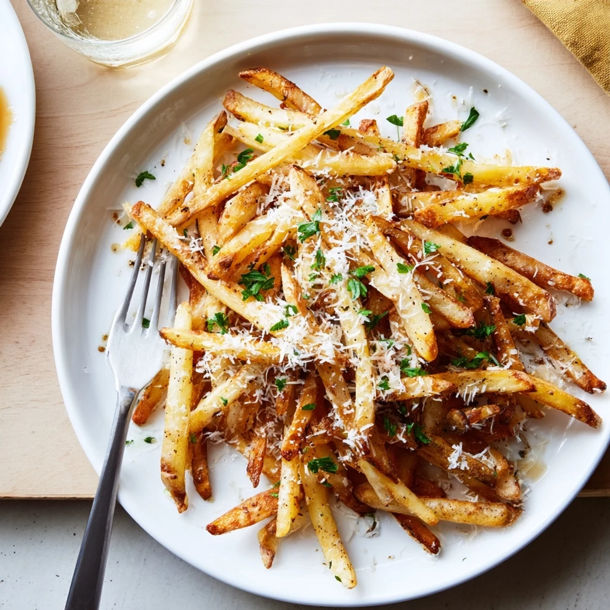 A close-up of Truffle Parmesan Fries garnished with parsley, ready to serve with garlic aioli dip.