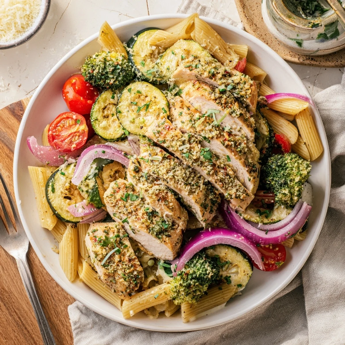 Roasted garlic herb chicken and colorful vegetables tossed with al dente penne in a light, aromatic sauce.