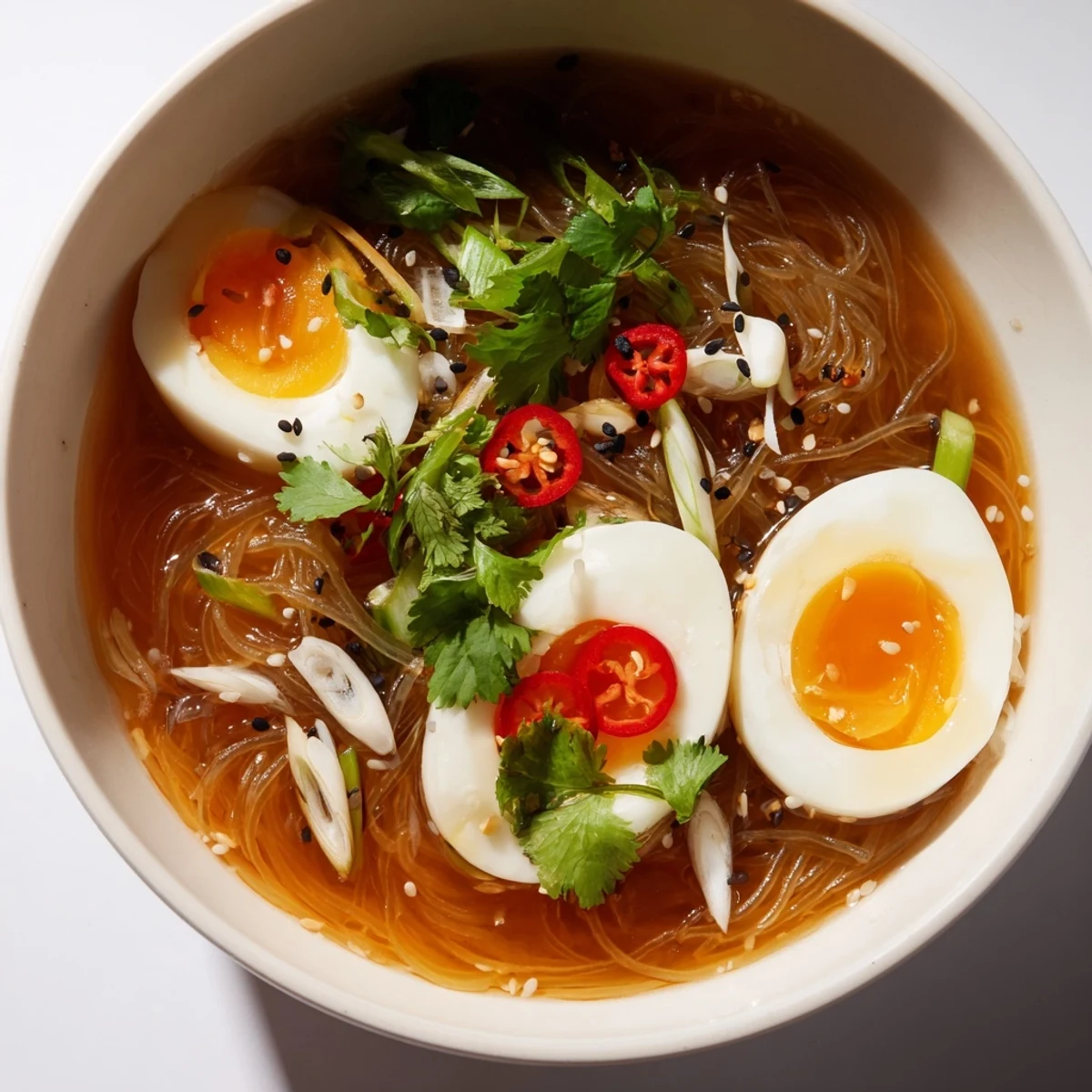 Fresh ginger and garlic slices infuse this savory bone broth with shirataki noodles, creating a warm, comforting meal.