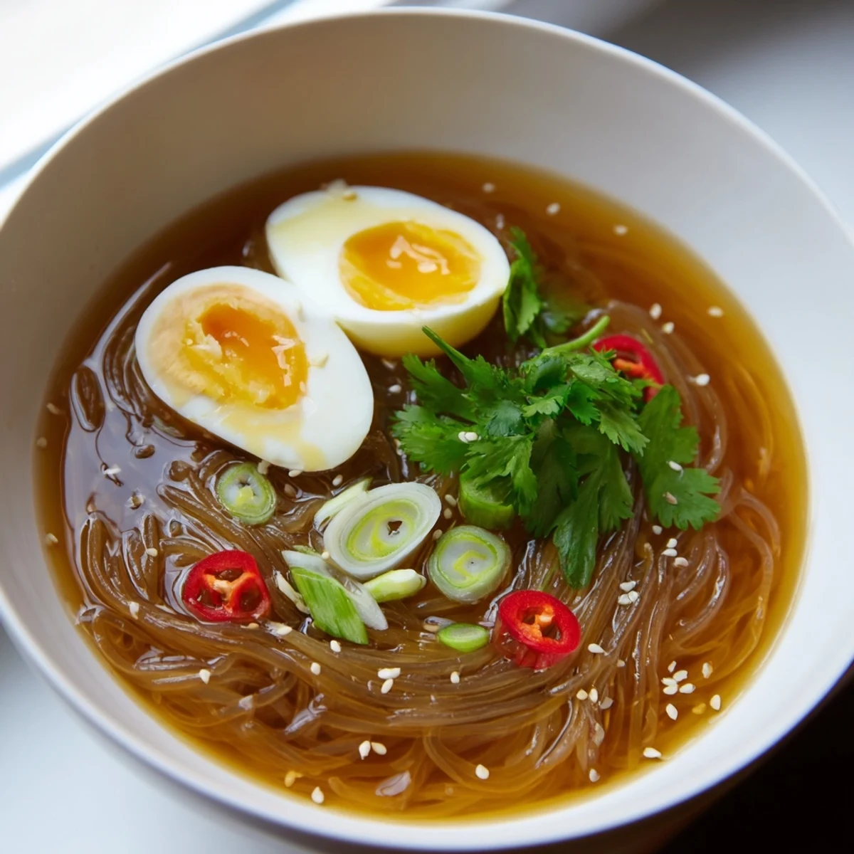 A close-up of a steaming bowl of Shirataki Noodles With Broth, topped with soft-boiled egg and sliced chili.