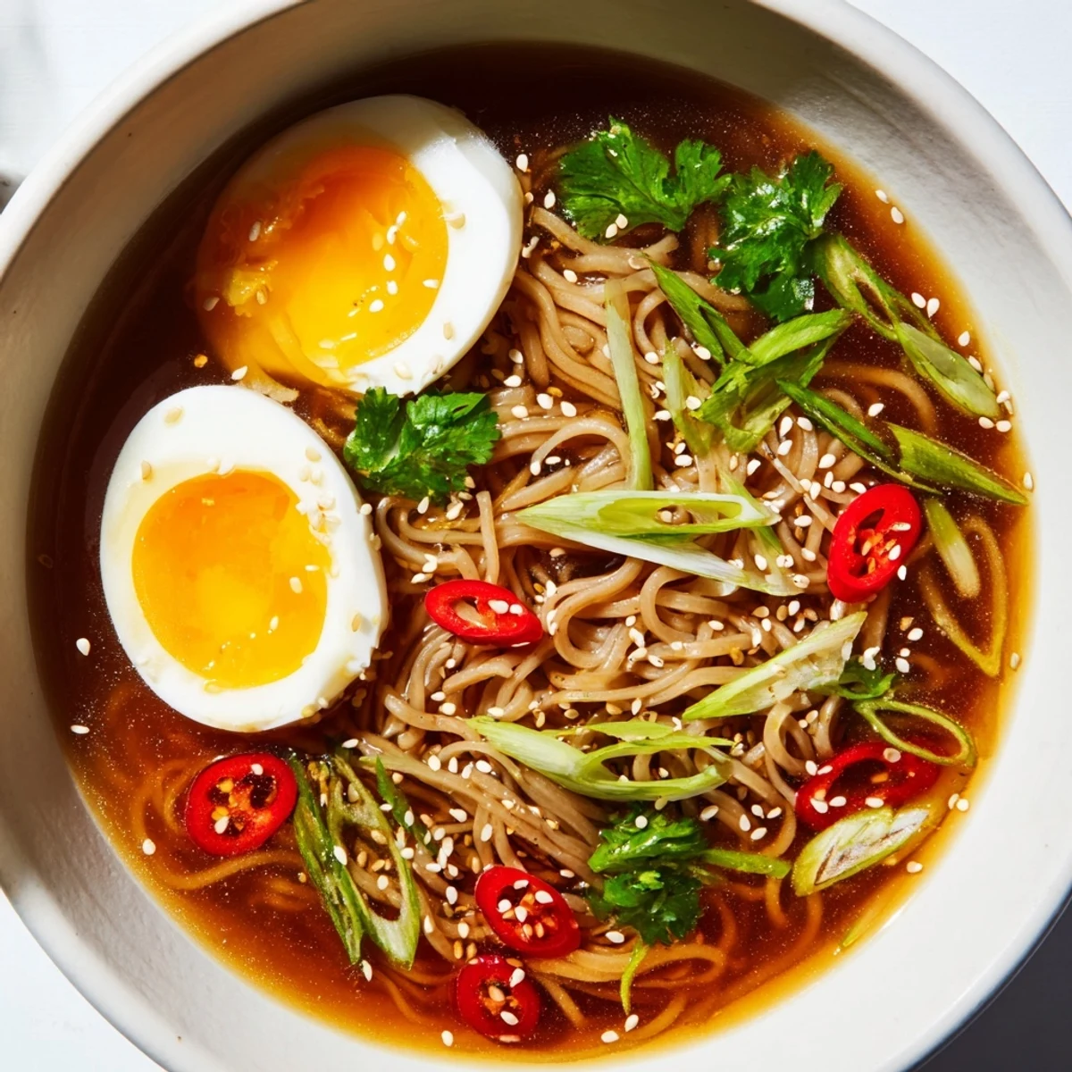 A vibrant serving of Shirataki Noodles With Broth, garnished with green onions and toasted sesame seeds, ready to eat.