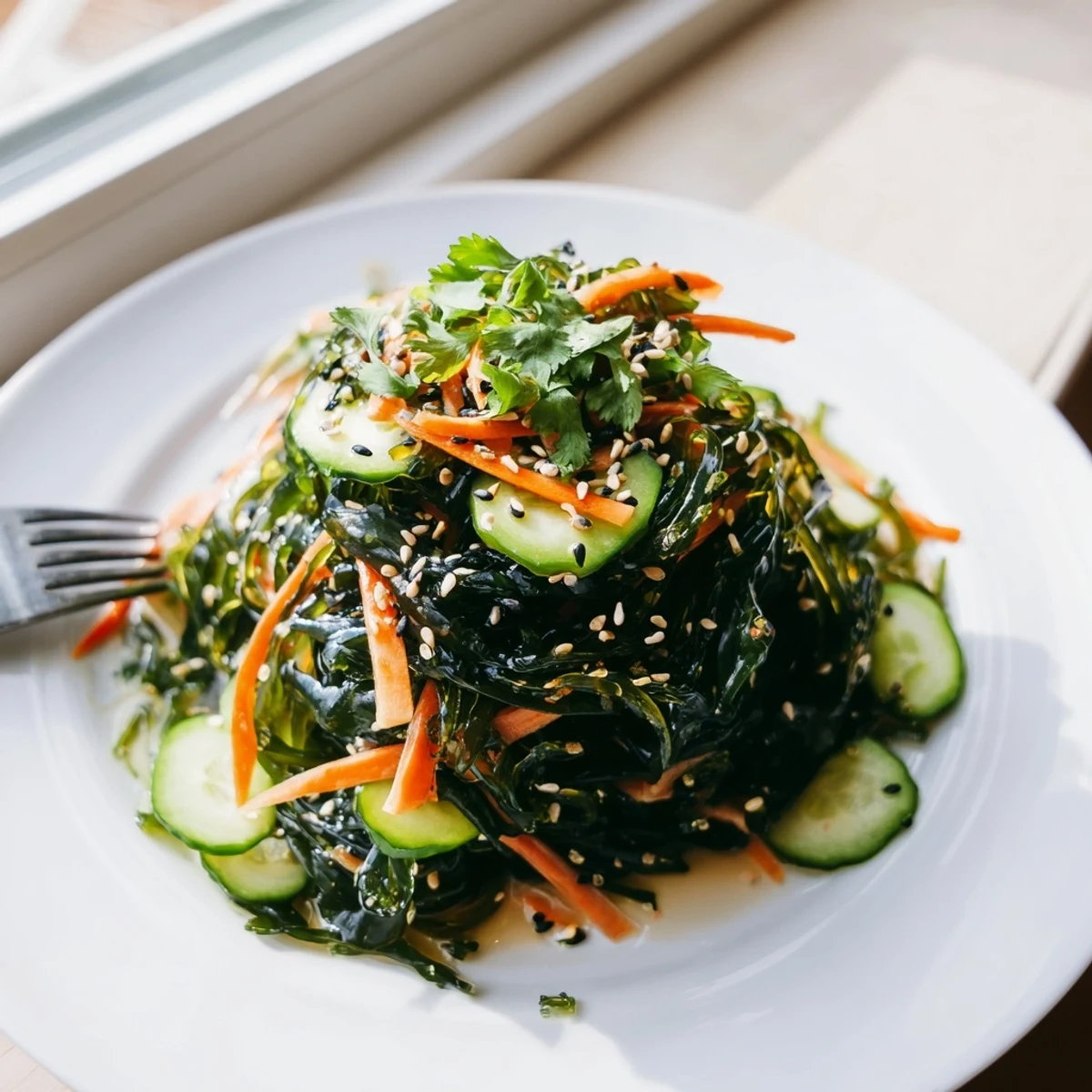 A vibrant bowl of Seaweed Salad, with dark green wakame, shredded carrots, and cucumber slices tossed in a glistening sesame-ginger dressing.