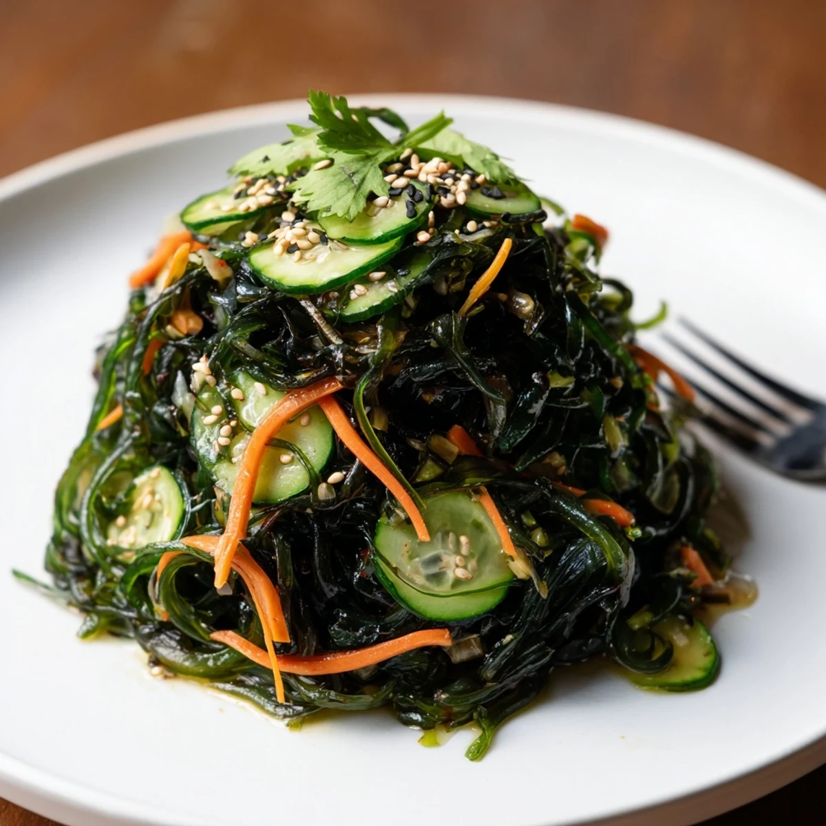 Chilled Seaweed Salad in a white bowl, garnished with cilantro and chili flakes, paired with green tea for a light meal.
