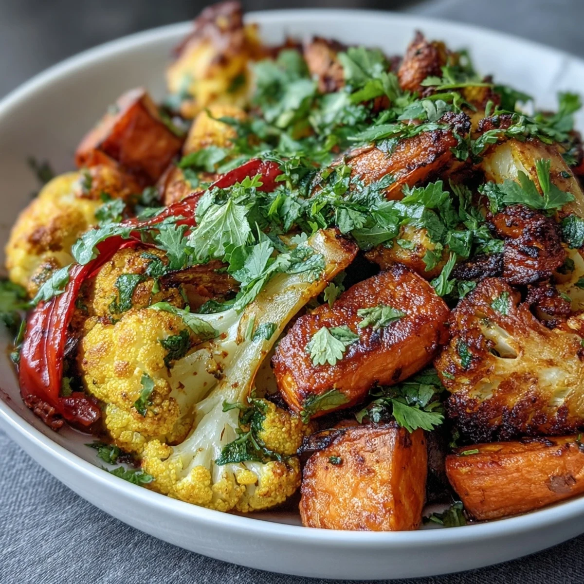 Vibrant anti-inflammatory turmeric roasted vegetables glistening with olive oil, ready to eat.