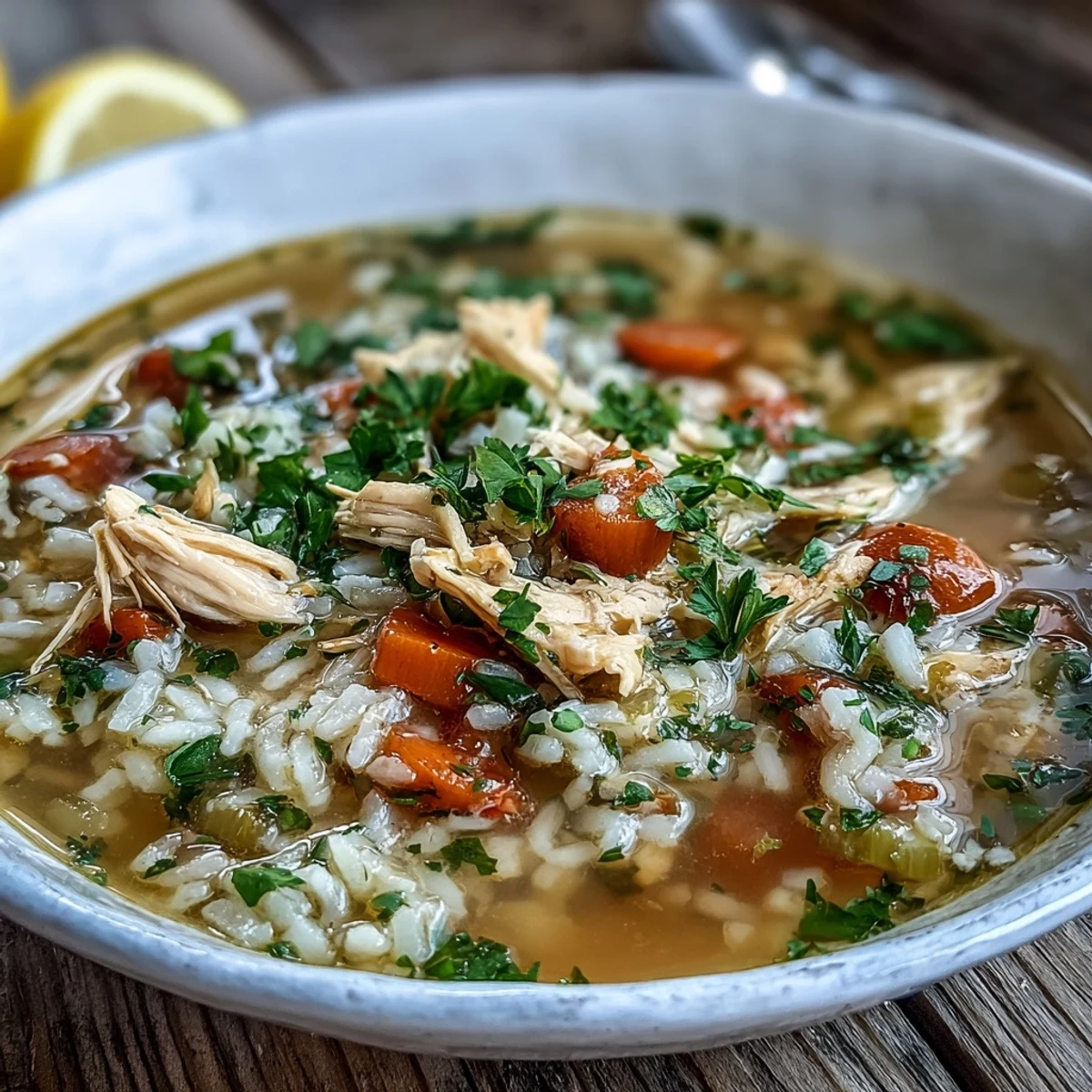 Tender shredded chicken and fluffy rice simmer in aromatic vegetables within this comforting soup. 