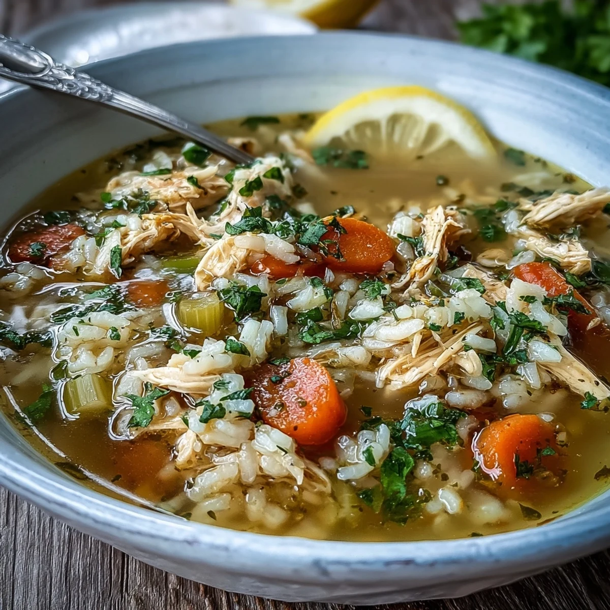 Ladling Cozy Winter Chicken and Rice Soup served with crusty bread and a lemon wedge.