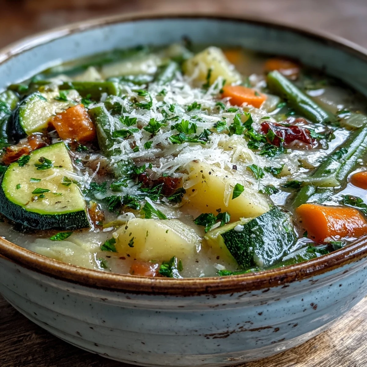 A bowl of creamy Parmesan Veggie Soup garnished with fresh parsley and extra cheese, with rustic bread for dipping.