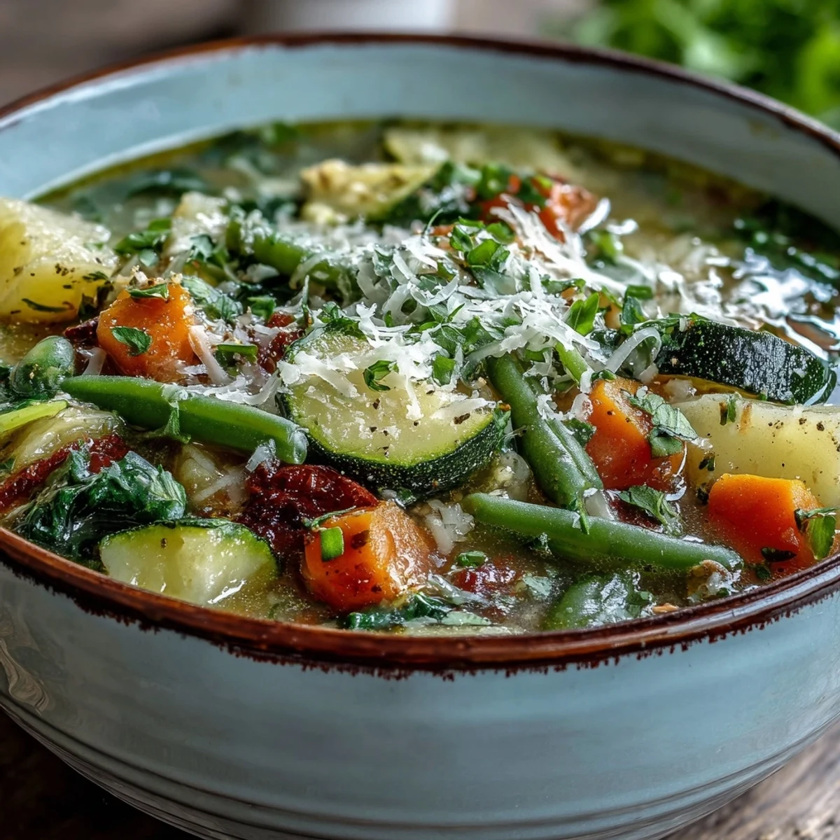 Close-up of vibrant Parmesan Veggie Soup in a white bowl, showing tender carrots, zucchini, and green beans.