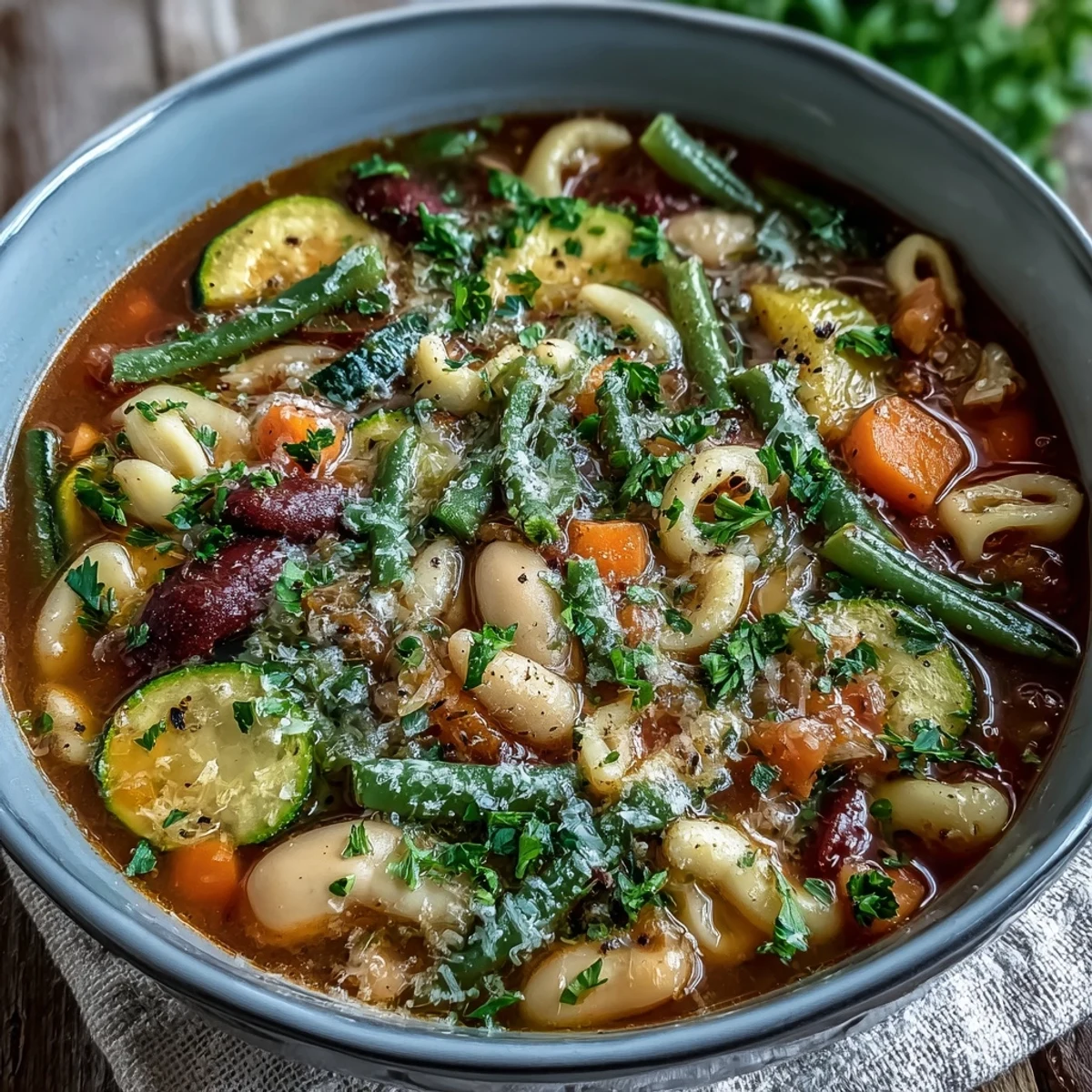 Steaming bowl of homemade Vegetable Minestrone, featuring tender pasta, creamy beans, and fresh garden vegetables, served with crusty bread.