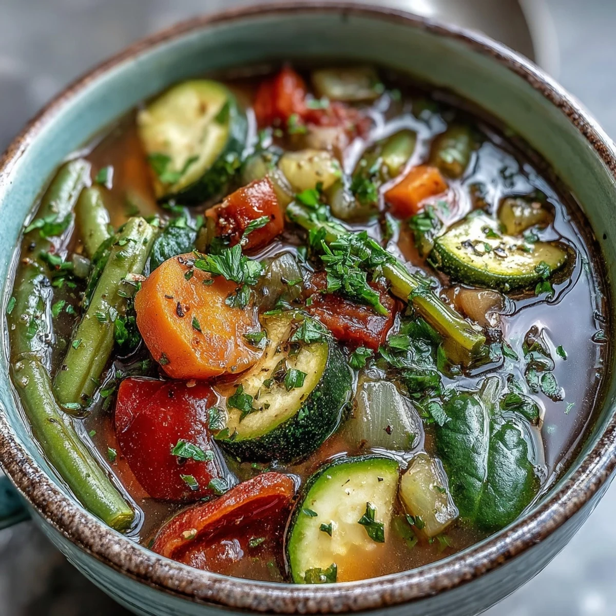 A steaming bowl of Italian Herb Vegetable Soup brimming with colorful diced vegetables, fresh parsley garnish, and steam rising.