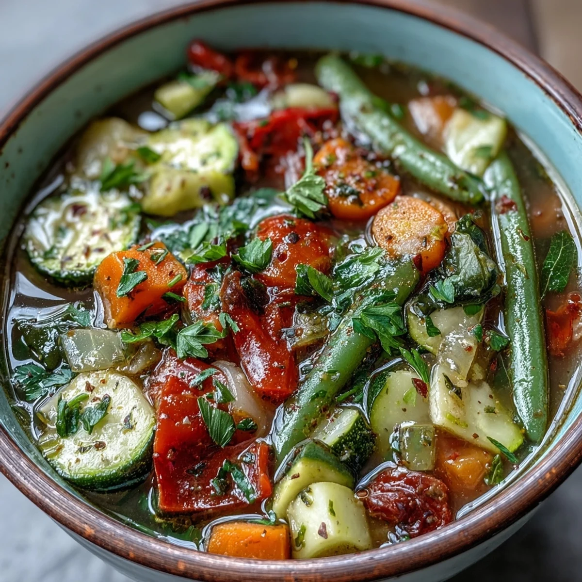 Hearty Italian Herb Vegetable Soup served hot with crusty bread on the side, ready to be ladled into bowls.