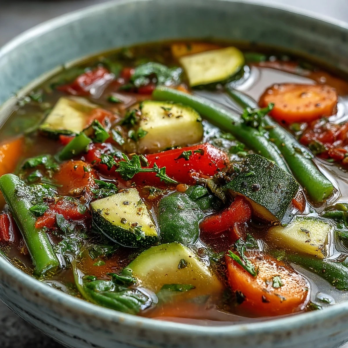Close-up of Italian Herb Vegetable Soup highlighting tender zucchini, carrots, and wilted spinach in a rich tomato broth.