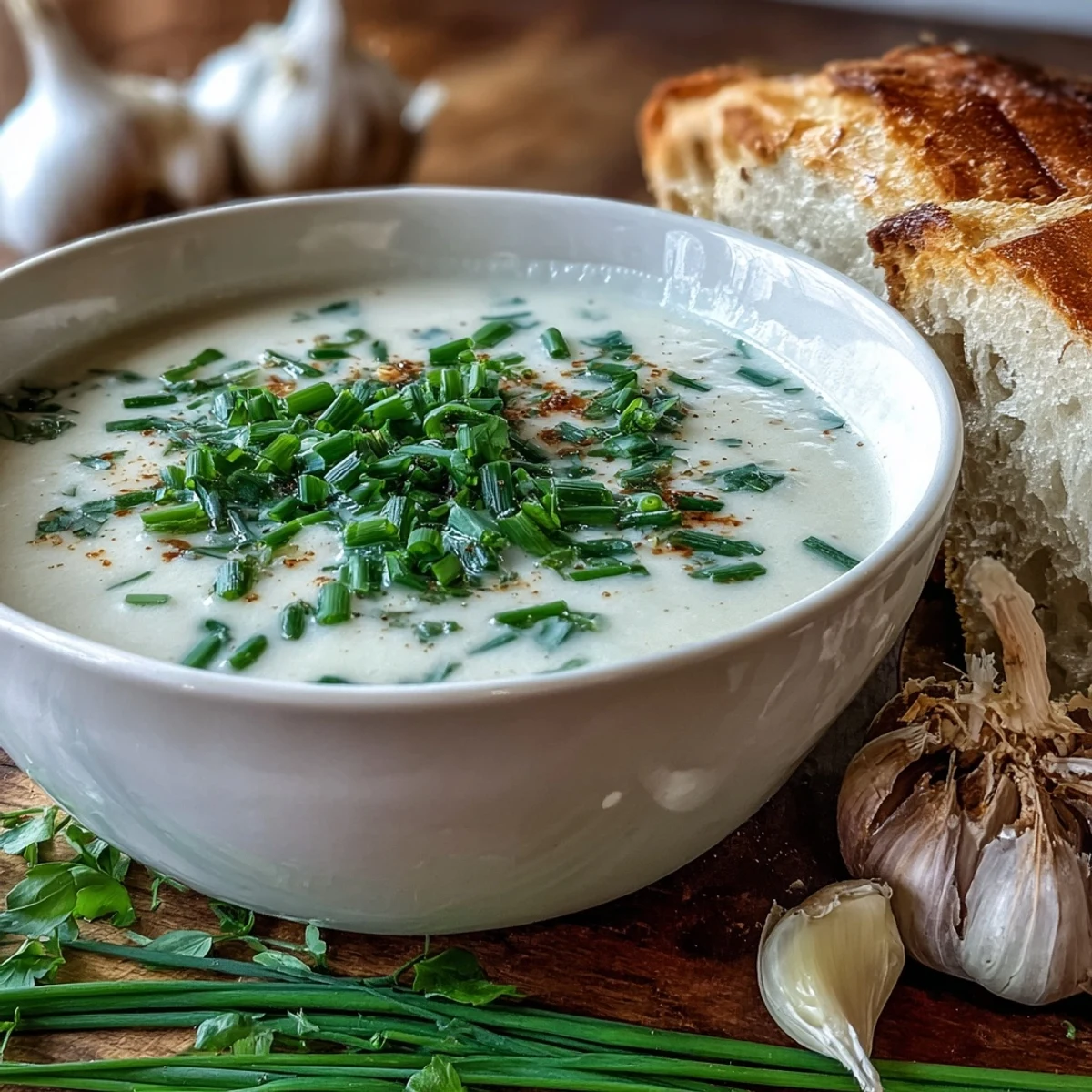 A rustic bowl of roasted garlic and herb soup topped with chopped parsley, with roasted garlic cloves and vegetables nearby.