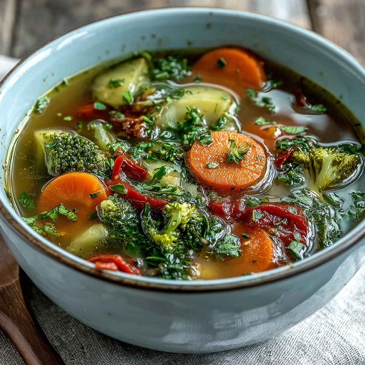 Garnished Ginger Vegetable Soup served in a rustic bowl with fresh cilantro and a drizzle of sesame oil.
