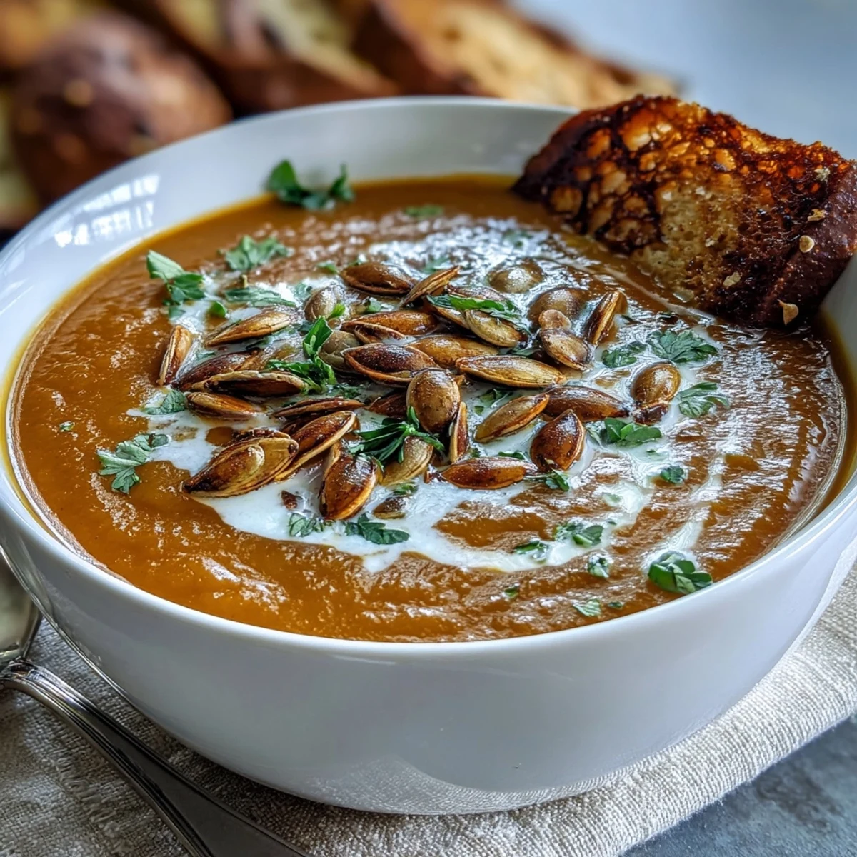 Smooth, velvety pumpkin soup topped with fresh parsley and toasted seeds, perfect for a comforting dinner.