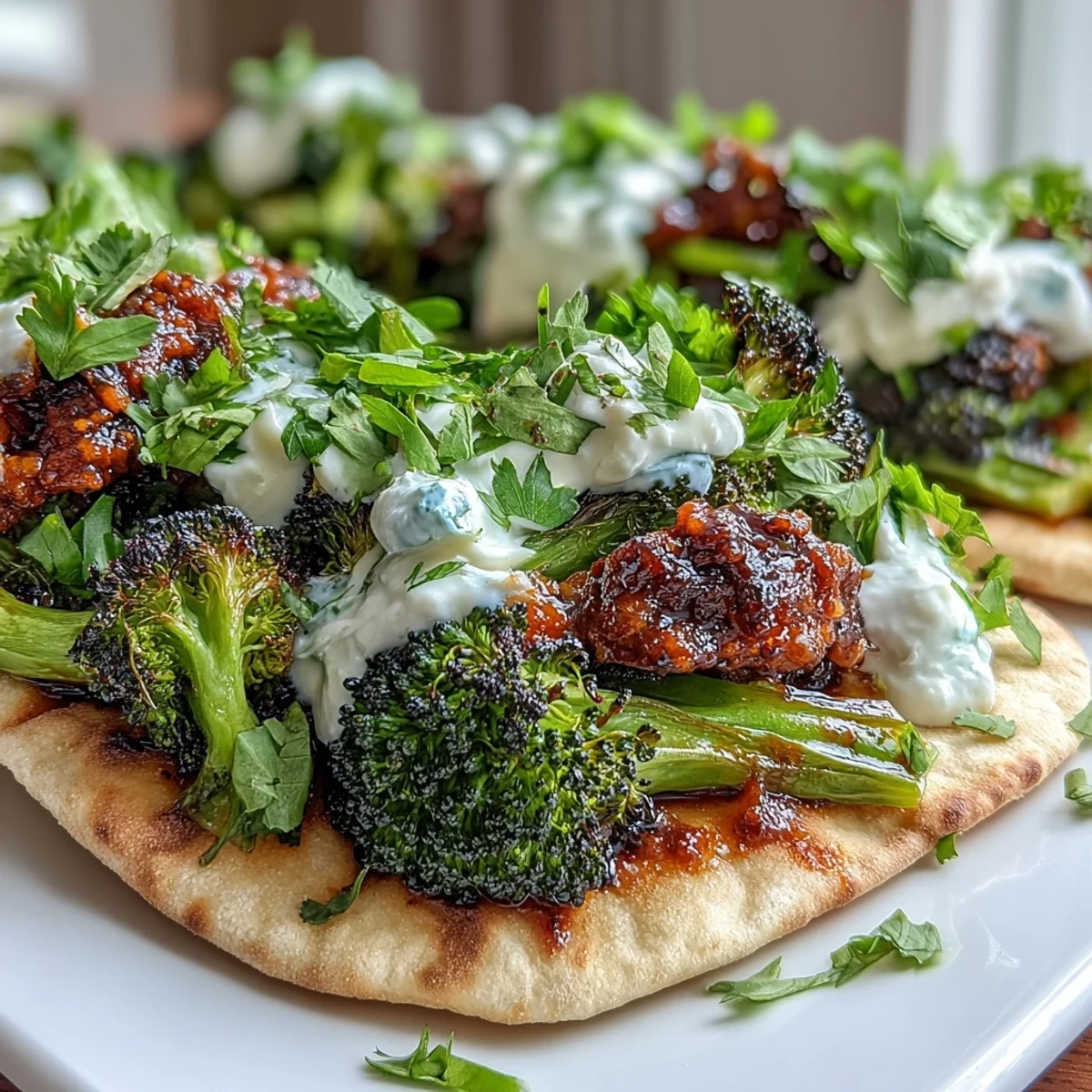 Roasted broccoli florets tossed in vibrant harissa paste, served warm on soft flatbreads with a dollop of Greek yogurt.