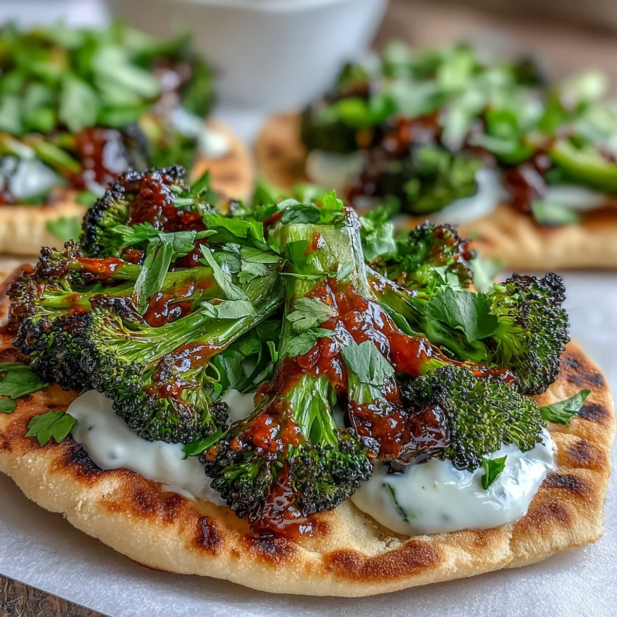 A close-up of the easy Harissa Broccoli and Flatbreads, featuring charred, seasoned broccoli and warm, pliable flatbreads ready to serve.