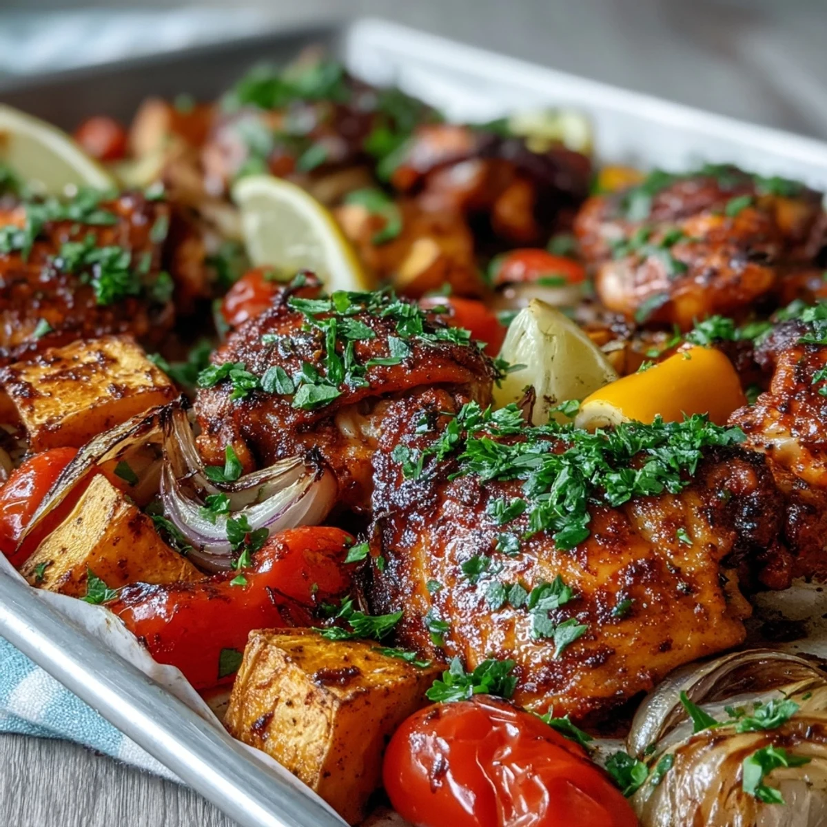 Juicy piri-piri chicken thighs roasted alongside tender sweet potatoes and vibrant bell peppers in this Chicken and Sweet Potato Traybake.