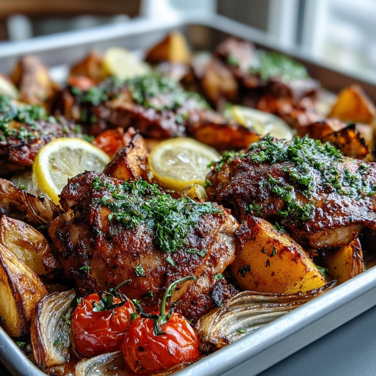 Roasted Chicken and Sweet Potato Traybake served with golden vegetables and bright cherry tomatoes, ready to garnish with fresh herbs.