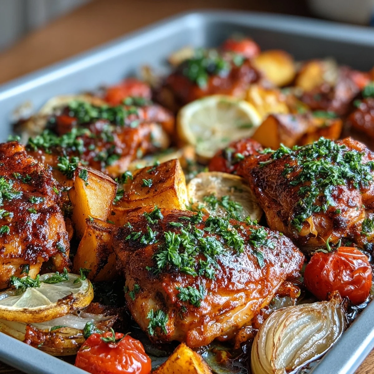 A close-up of the Chicken and Sweet Potato Traybake highlights crispy chicken skin, caramelized onions, and sweet potatoes glistening with oil.