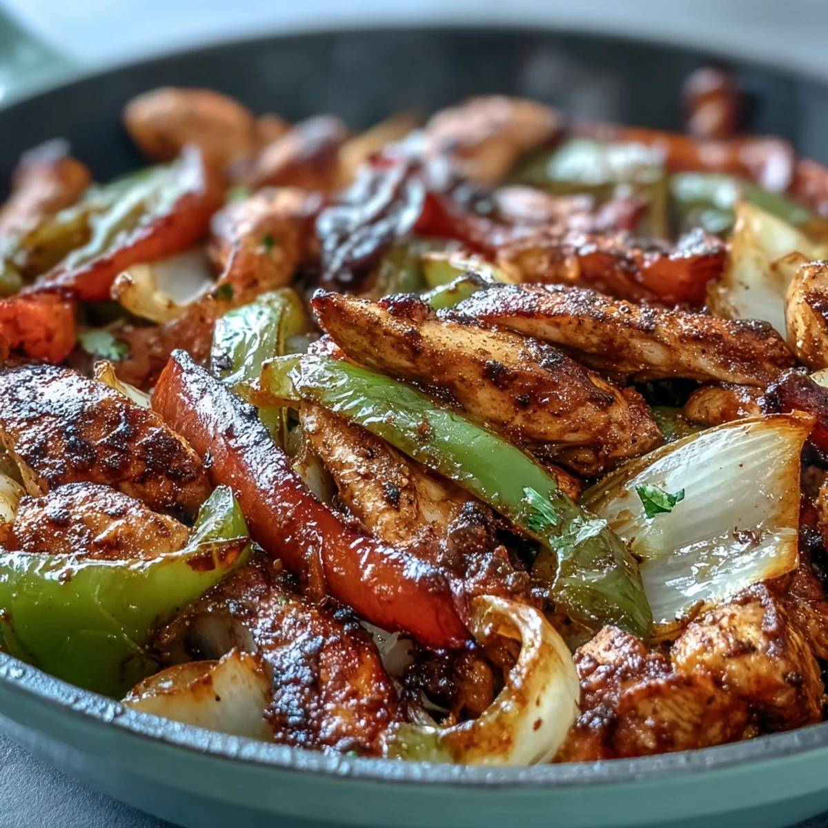 A close look at Easy Chicken Fajitas with seasoned chicken, peppers, and onions for weeknight tacos.