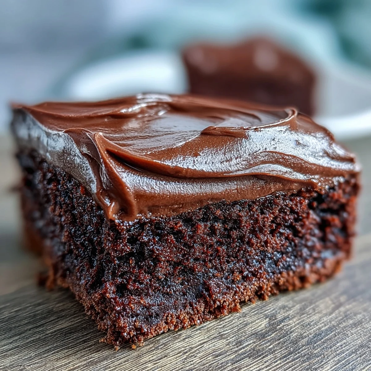 Easy Chocolate Fudge Cake layered with silky icing on a white plate, ready to slice and serve at a celebration.