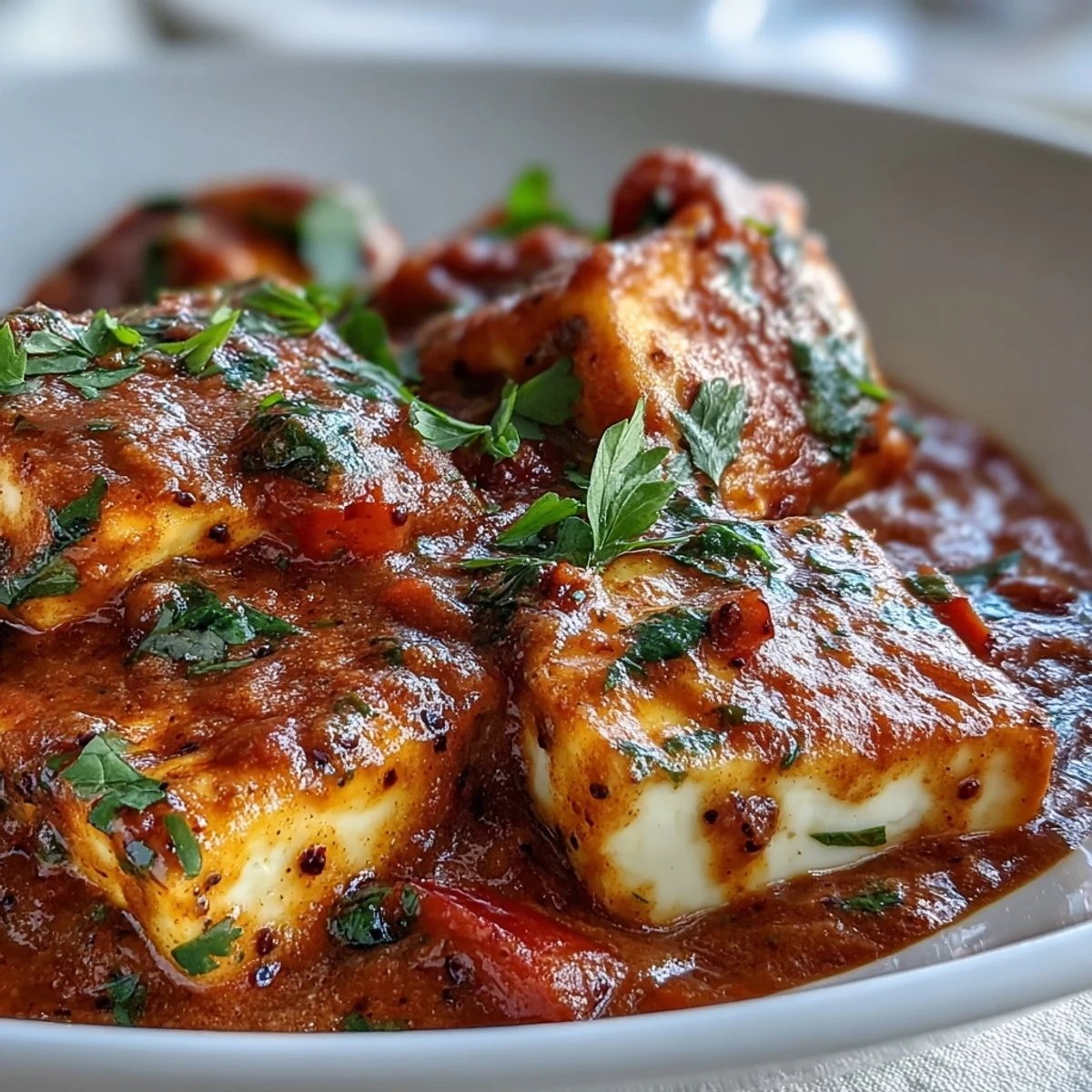 Golden-brown halloumi cubes nestled in a creamy tomato coconut curry, garnished with fresh cilantro and served with naan.