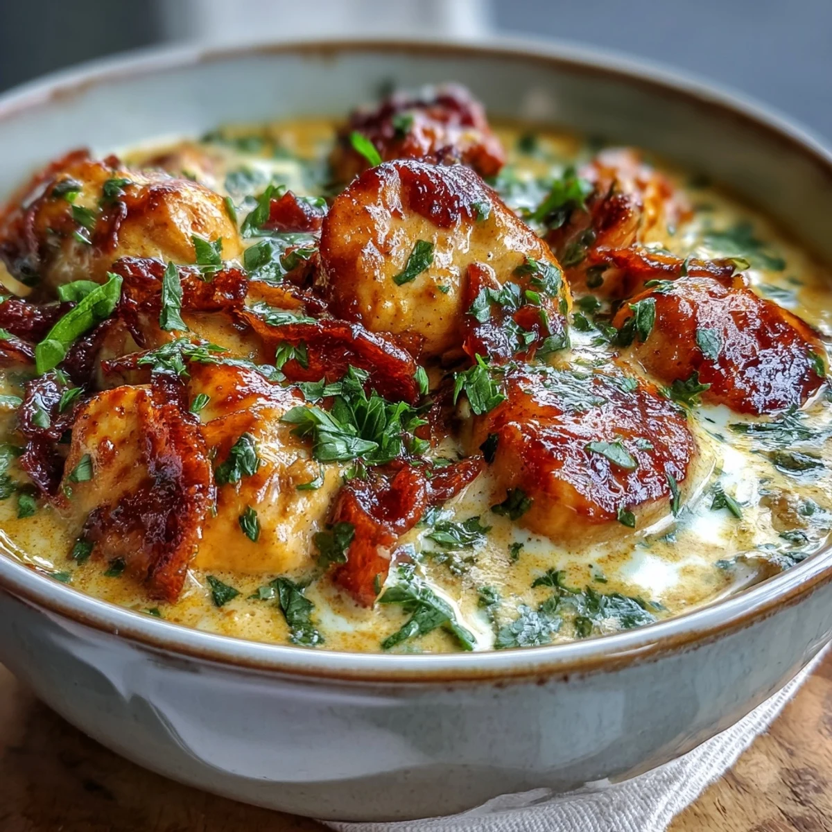 Steaming, creamy easy chicken curry with tender chicken pieces and fresh cilantro garnish.  