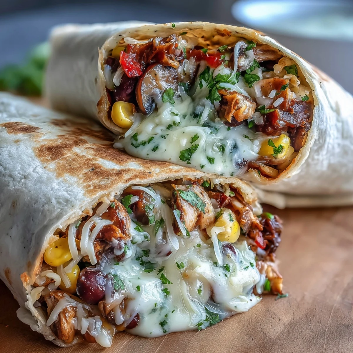 Golden-brown, soft flour tortillas stuffed with sautéed mushrooms, black beans, and sweet corn, ready to serve.