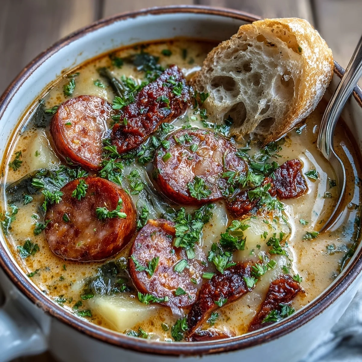 Potato, Leek and Chorizo Soup simmering with diced potatoes and smoky chorizo in a rustic pot.  
