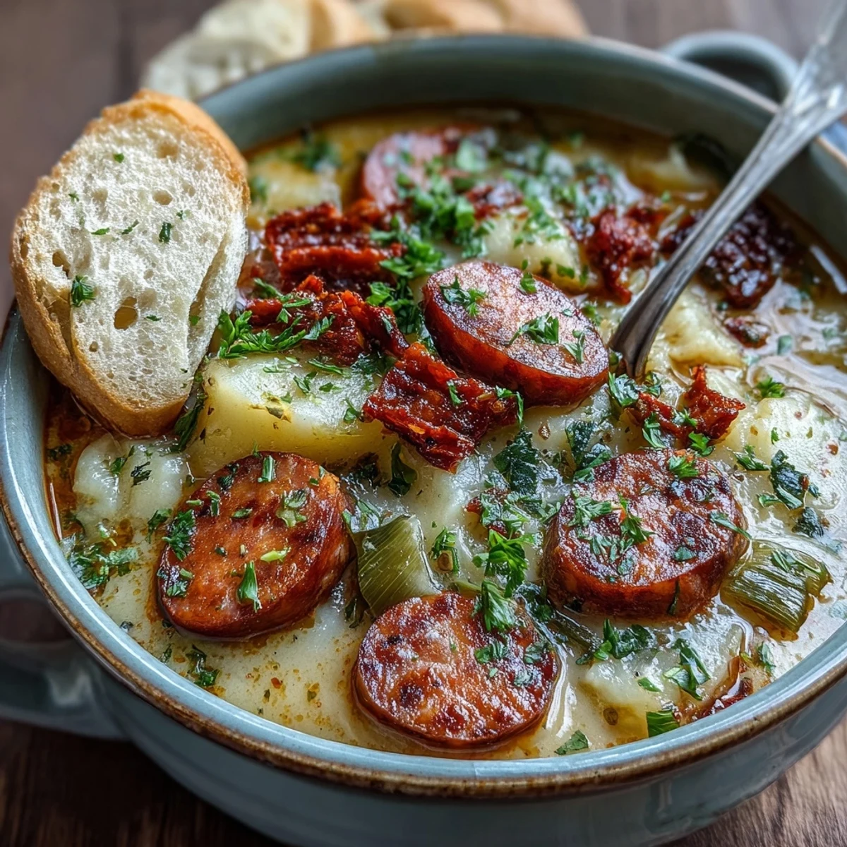 Creamy Potato, Leek and Chorizo Soup ladled into a bowl, served with warm crusty bread.