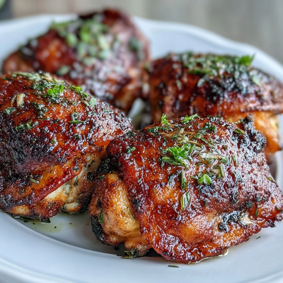 Crispy Baked Bone-In Chicken Thighs with golden crackling skin served on a platter with lemon wedges.