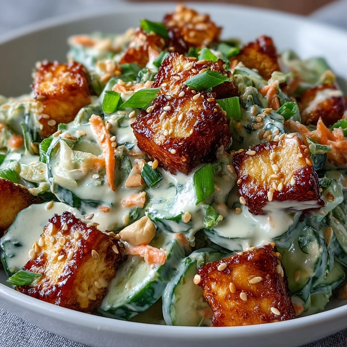 Golden crispy tofu cubes sitting atop creamy Asian cucumber salad with carrot matchsticks and green onions.