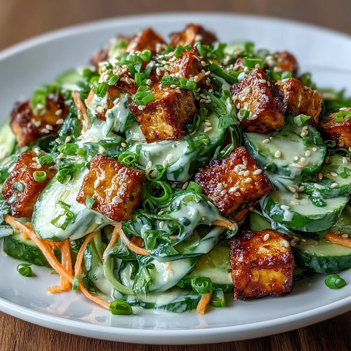 Served on a white plate with lime wedges, this creamy Asian cucumber salad with crispy tofu shines.