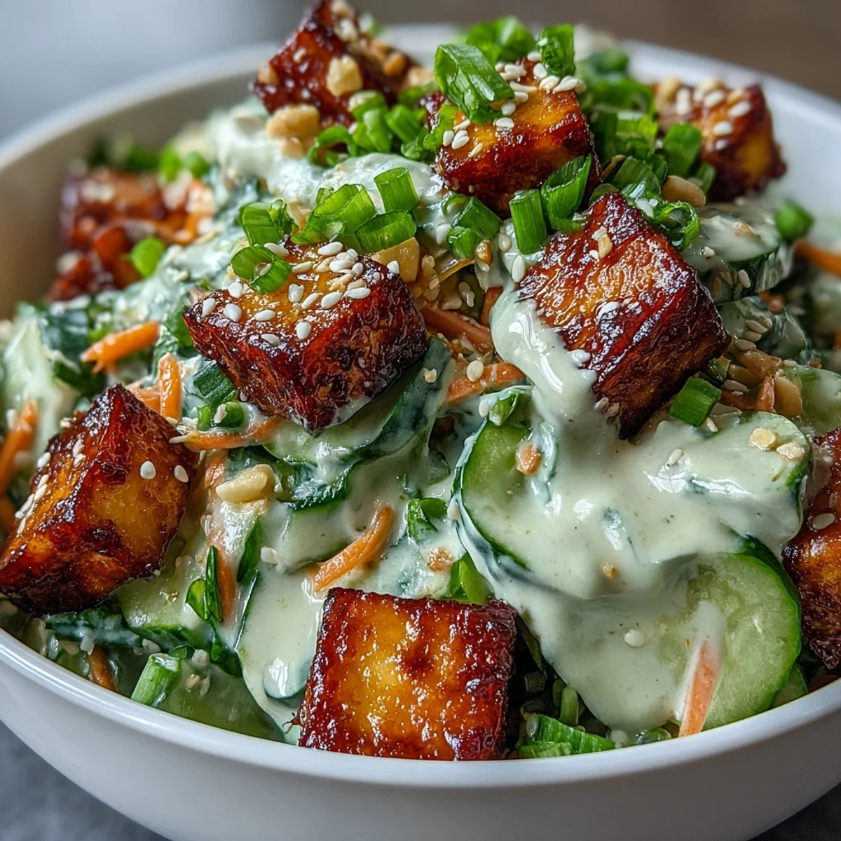 Cool sliced cucumbers and carrots tossed in a creamy sesame-ginger dressing and topped with ultra-crispy tofu.