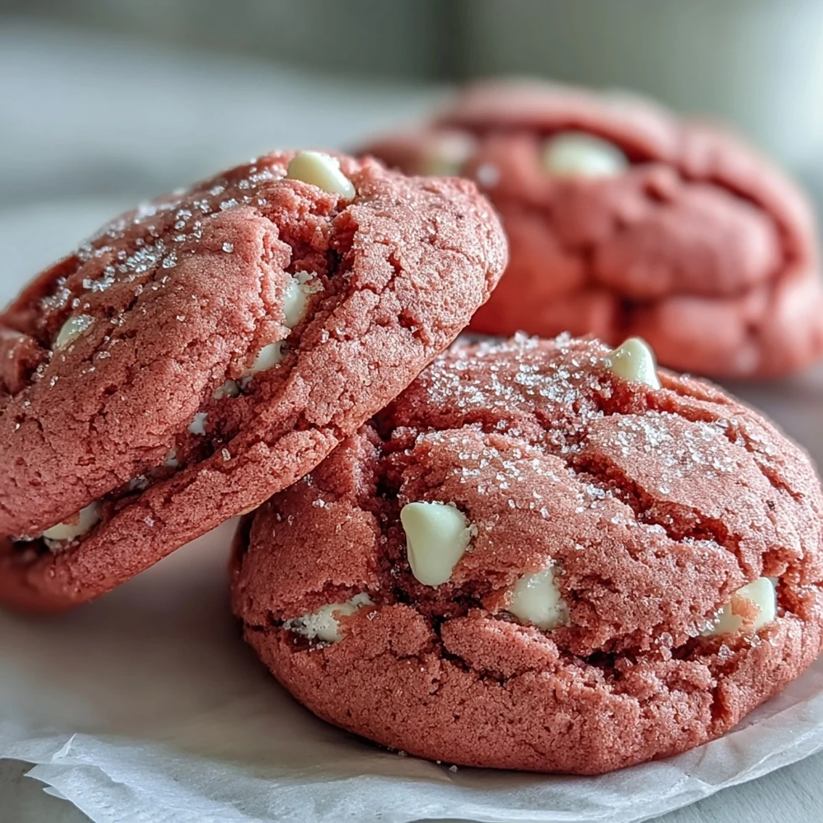 Freshly baked Pink Velvet Cookies with vibrant pink hues and melty white chocolate chips, arranged on a cooling rack.