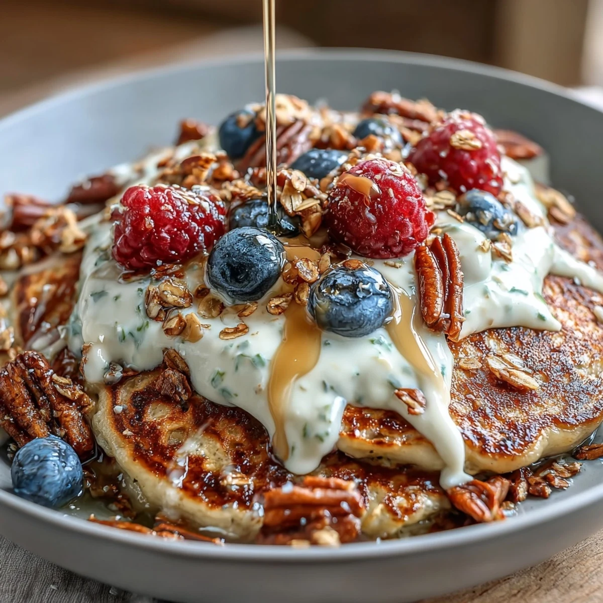 Fluffy Protein Pancake Bowl served warm with berries, bananas, and nut butter, perfect for mornings.
