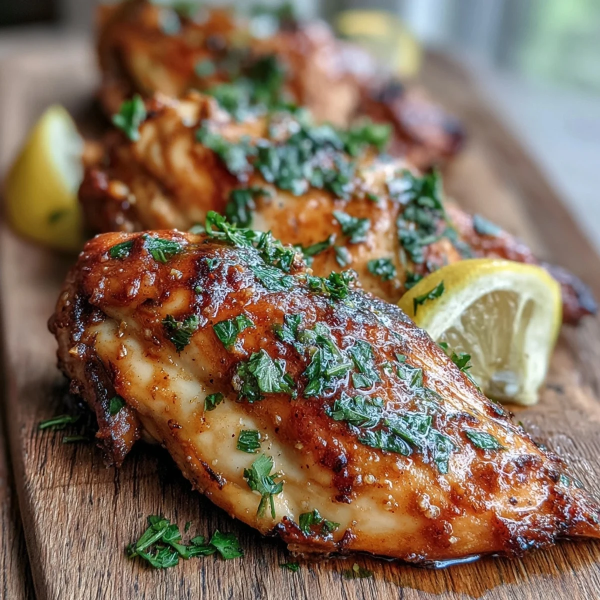 Oven Baked Chicken Breast fresh from the oven, garnished with lemon slices and parsley on a rustic baking sheet.