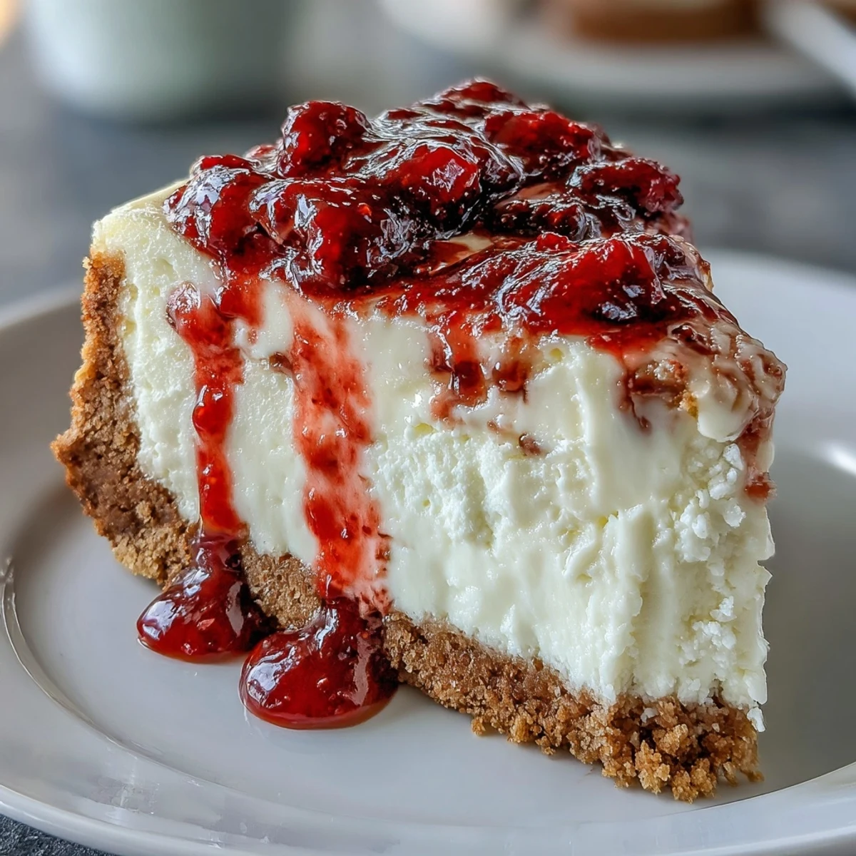 Freshly sliced Indulgent White Chocolate Raspberry Cheesecake Bliss reveals a creamy, velvety interior with a rich graham cracker crust.