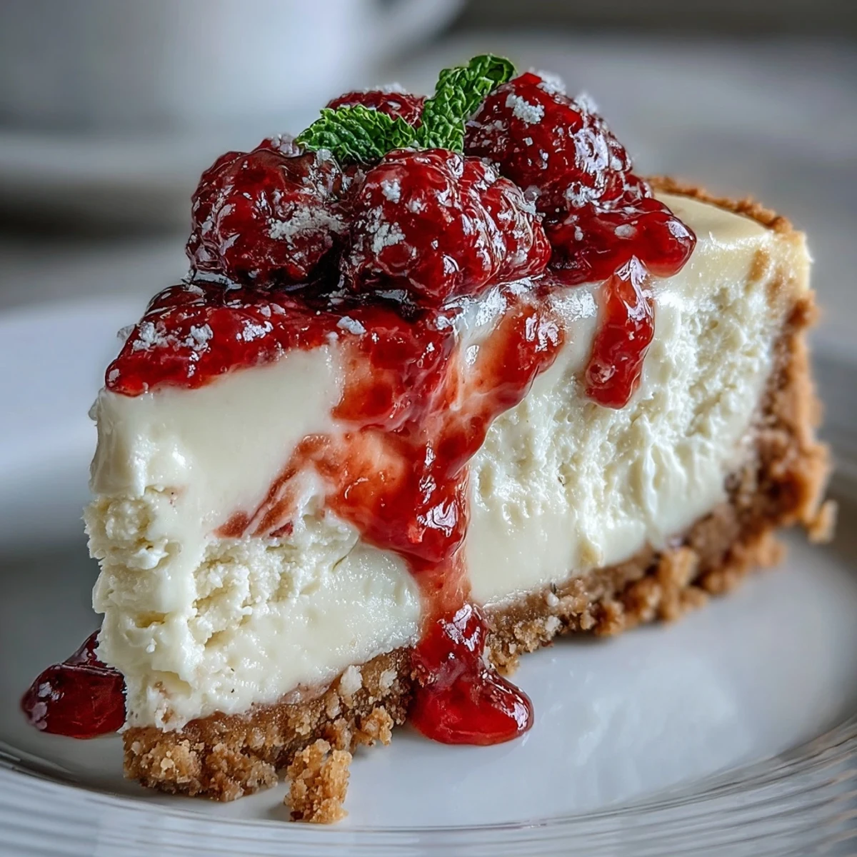 A single wedge of Indulgent White Chocolate Raspberry Cheesecake Bliss is plated, topped with vibrant fresh raspberry garnish and sauce.