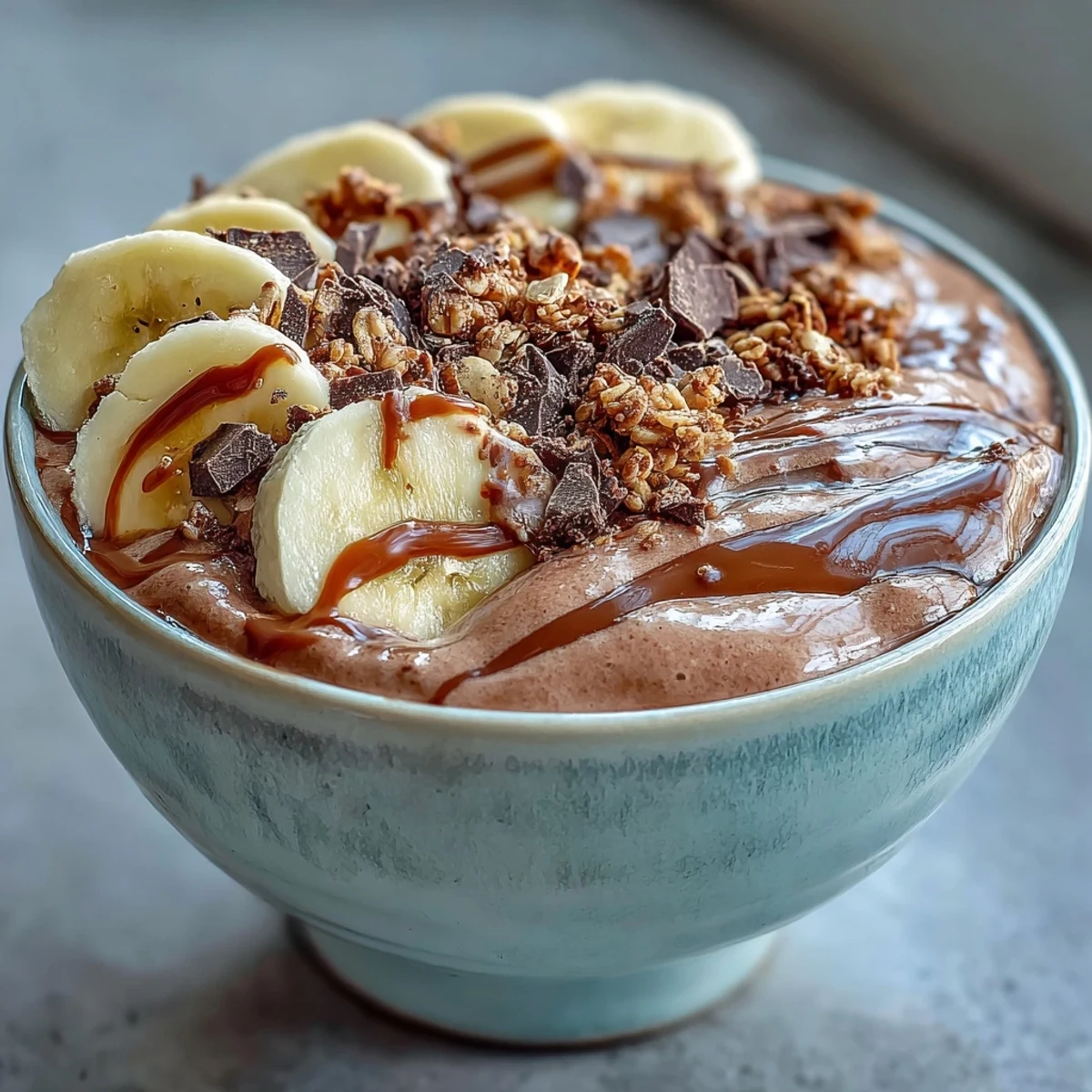 Freshly blended Chocolate Peanut Butter Smoothie Bowl topped with sliced banana, chopped dark chocolate, and crunchy granola in a white bowl.