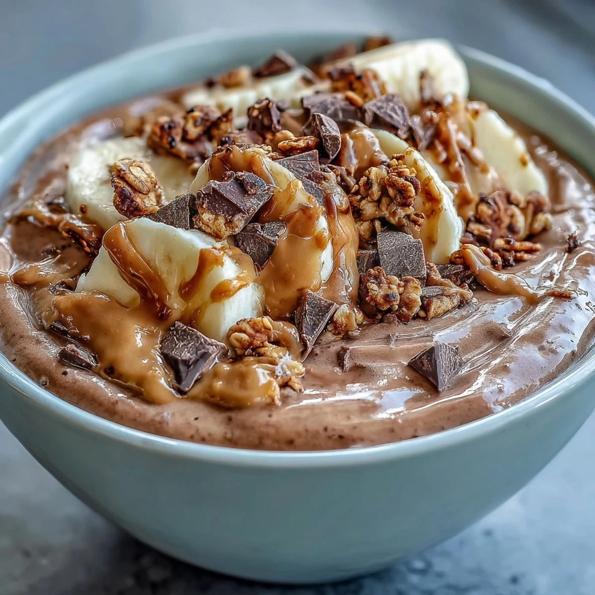 A creamy, thick breakfast bowl made with frozen banana, cocoa powder, and peanut butter, drizzled with extra nut butter.